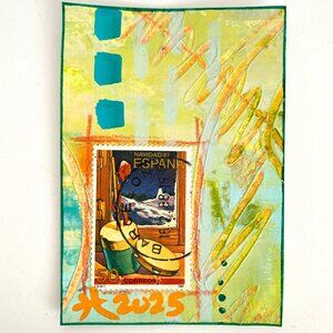 ACEO Original Acrylic Mixed Media Art 1987 Spain Christmas Postage Stamp ATC